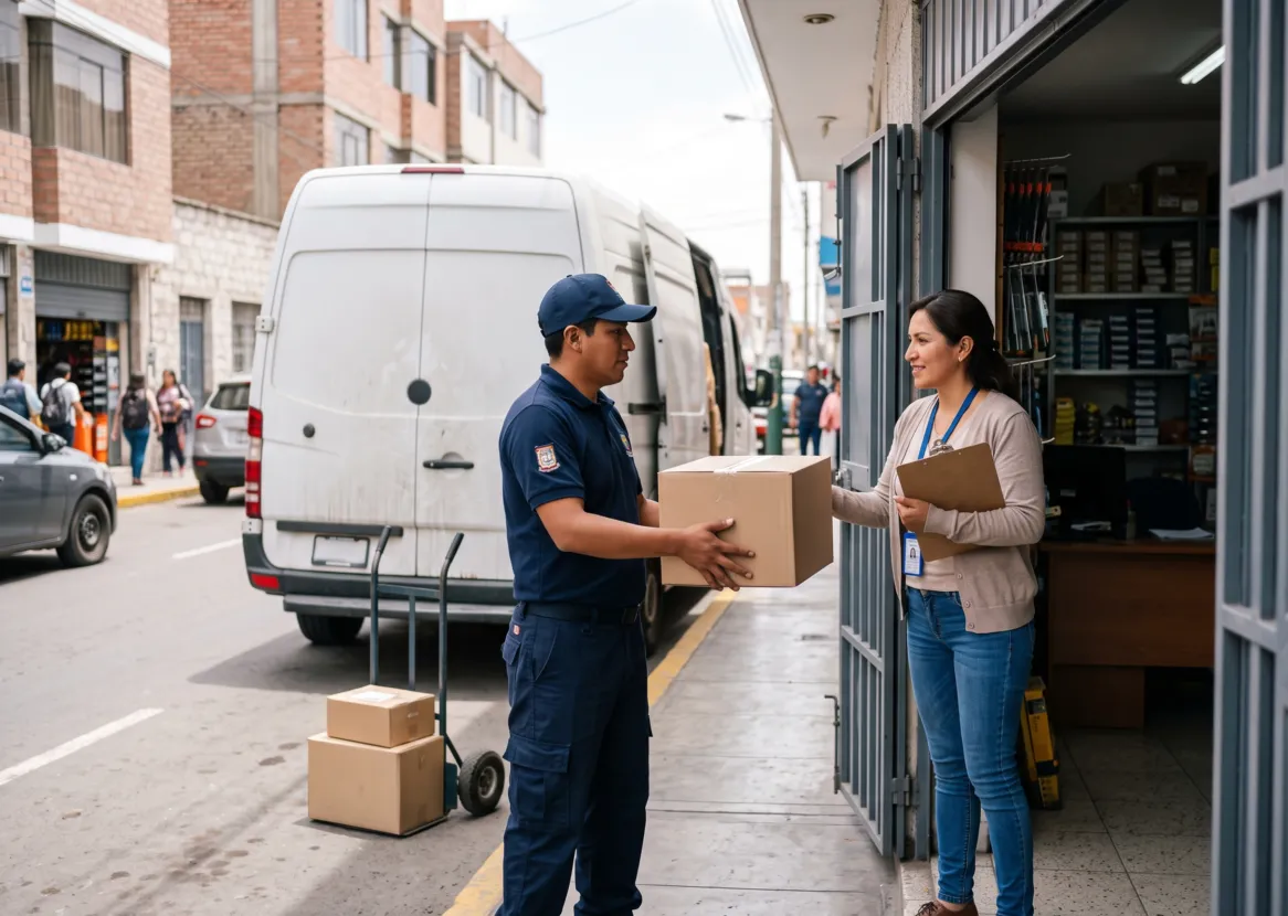 Repartidor uniformado entrega un paquete a una comerciante en la puerta de su local, junto a una van blanca: logística de recojo y entrega (imagen referencial)