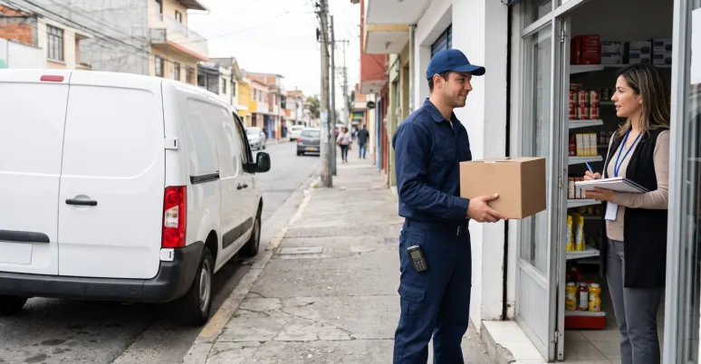 Repartidor con gorra entrega una caja a la encargada de una tienda de barrio, con una van blanca estacionada en la calle (imagen referencial)