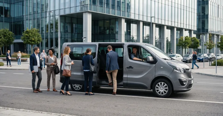 Grupo de profesionales subiendo a una van gris frente a un edificio de oficinas de vidrio, servicio de transporte con conductor (imagen referencial)