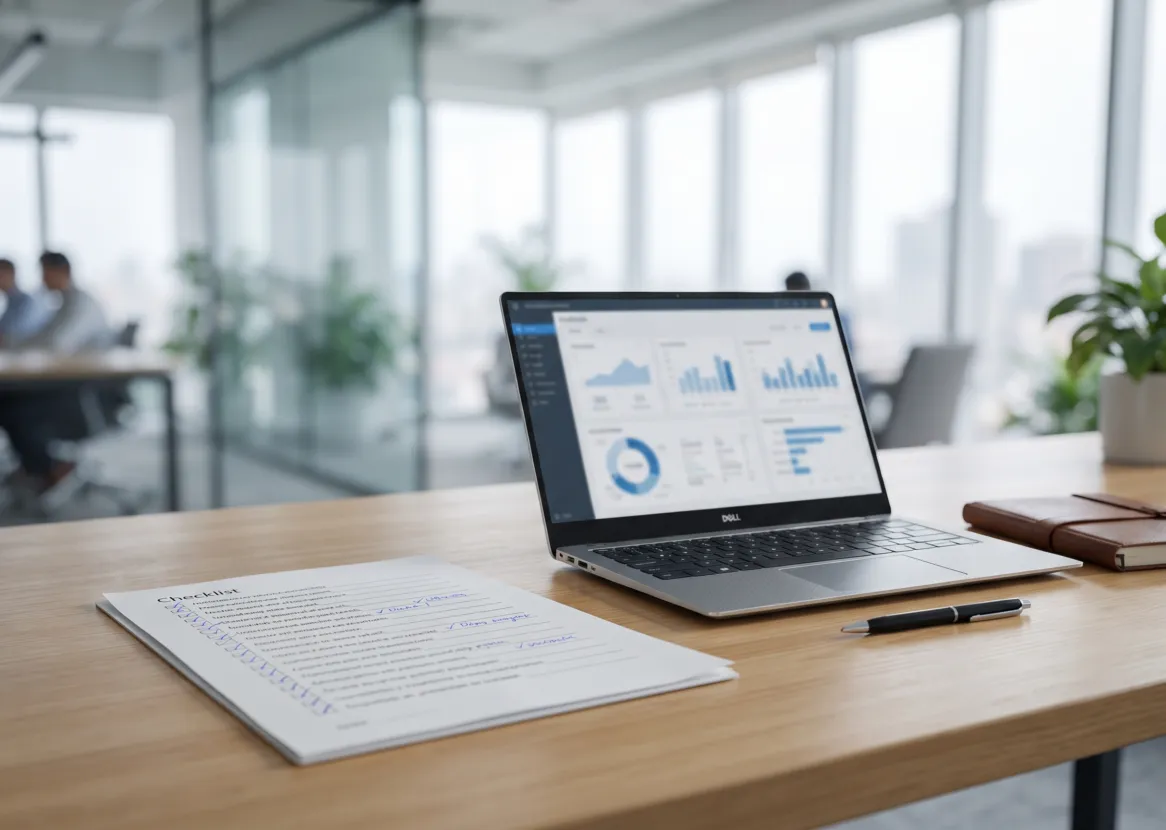 Laptop con tablero de indicadores y lista de verificación impresa sobre un escritorio: cumplimiento normativo (imagen referencial)