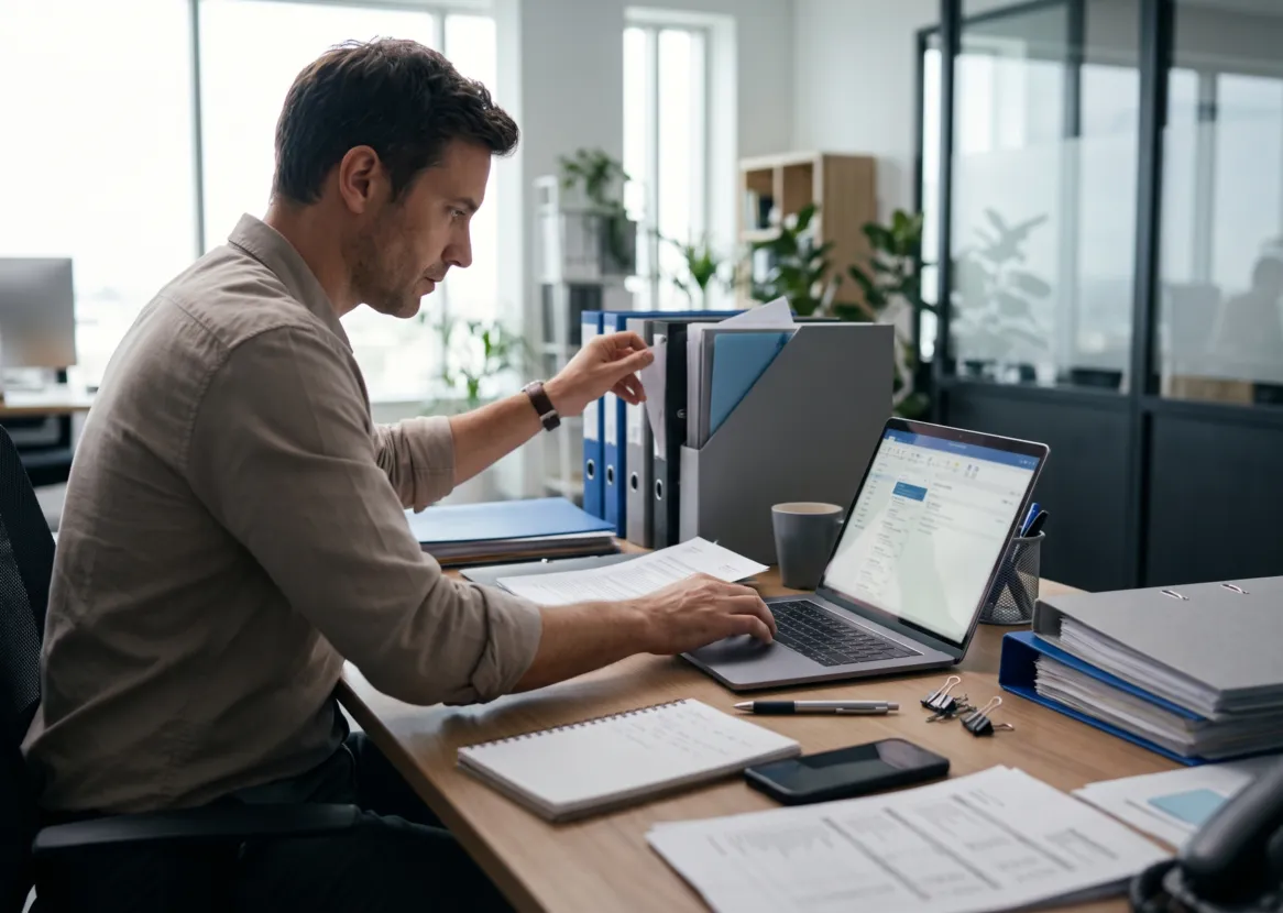 Profesional de gestión administrativa organiza carpetas y revisa datos en su laptop en una oficina (imagen referencial)