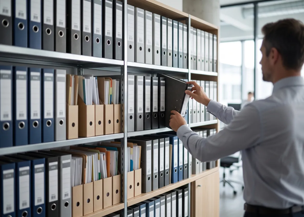 Persona ubicando un archivador en una estantería de documentos corporativos ordenados (imagen referencial)