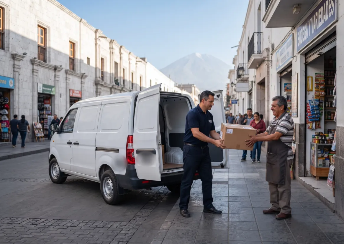 Repartidor entrega una caja a un comerciante junto a una van blanca en una calle del centro de Arequipa (imagen referencial)
