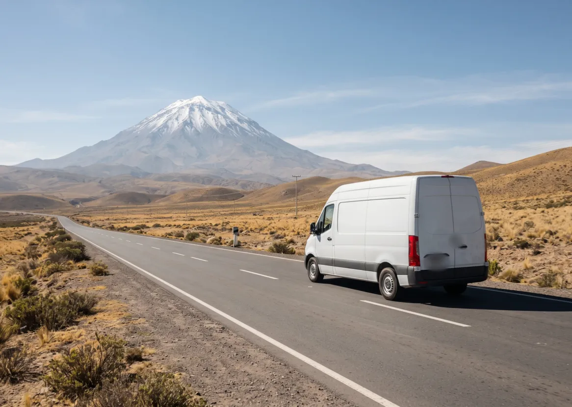 Van blanca recorriendo una carretera del altiplano con el volcán Misti al fondo (imagen referencial)