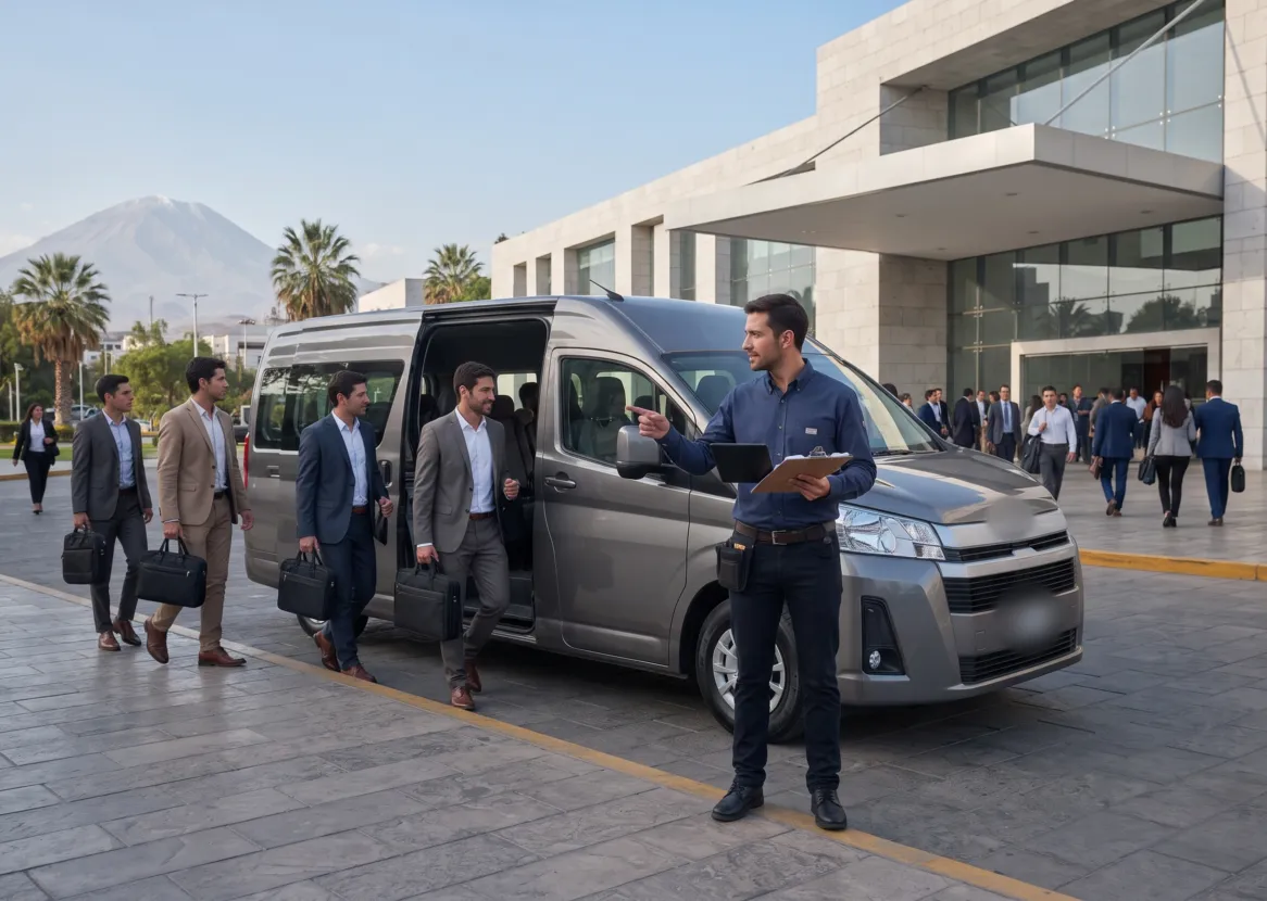 Coordinador logístico de Grupo Solutii supervisando la llegada de profesionales frente a un centro de convenciones en Arequipa (imagen referencial)