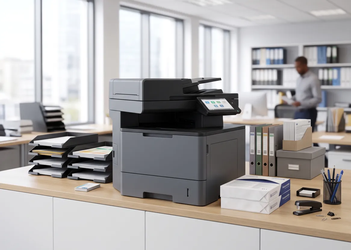 Fotocopiadora multifuncional en una oficina, con bandejas de papel y carpetas a su alrededor (imagen referencial)