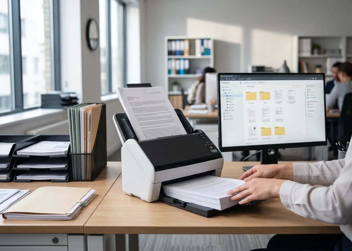 Escáner de documentos y monitor con carpetas digitales sobre un escritorio de oficina (imagen referencial)