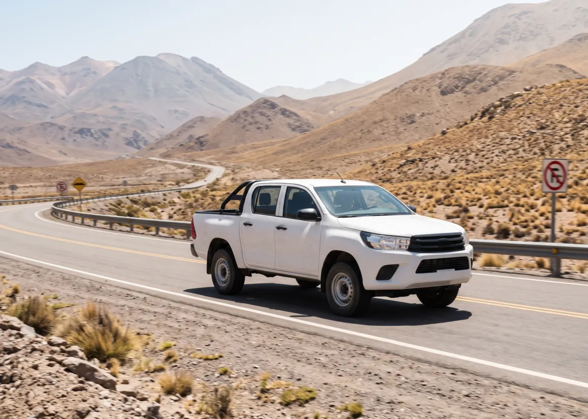 Camioneta pickup blanca en una carretera de montaña con curvas en el sur del Perú (imagen referencial)