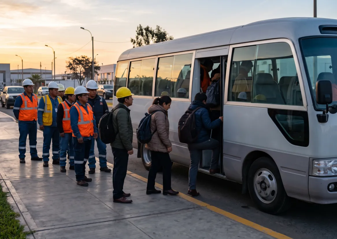 Trabajadores con equipo de protección formando fila para subir a un minibús de transporte de personal al caer la tarde (imagen referencial)