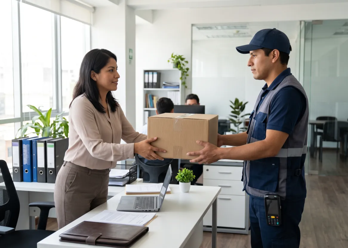 Colaboradora de una oficina entrega una caja a un mensajero con mochila para su recojo empresarial (imagen referencial)