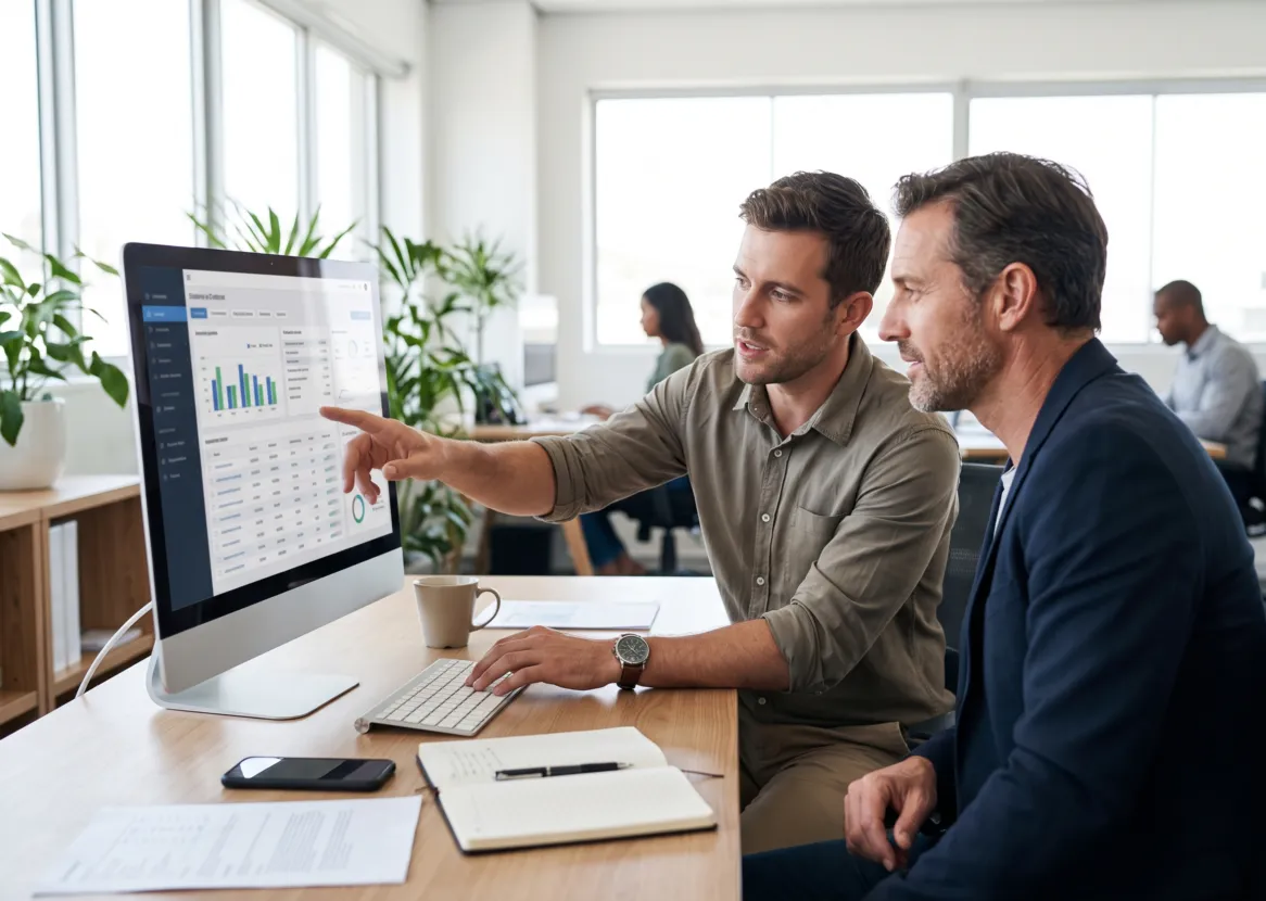 Dos profesionales revisan un tablero de gestión en un monitor durante la implementación de un sistema ERP (imagen referencial)