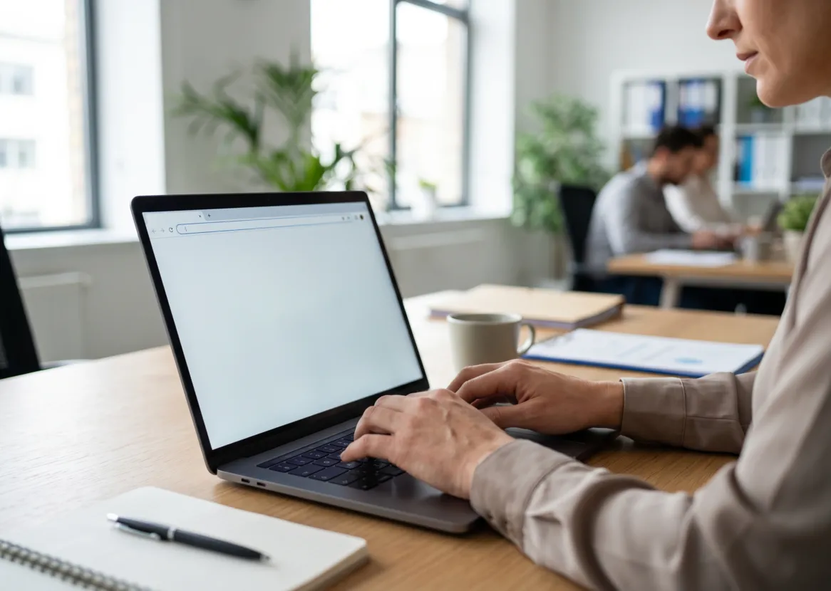 Manos de una persona escribiendo en una laptop con el navegador abierto, en una oficina luminosa (imagen referencial)