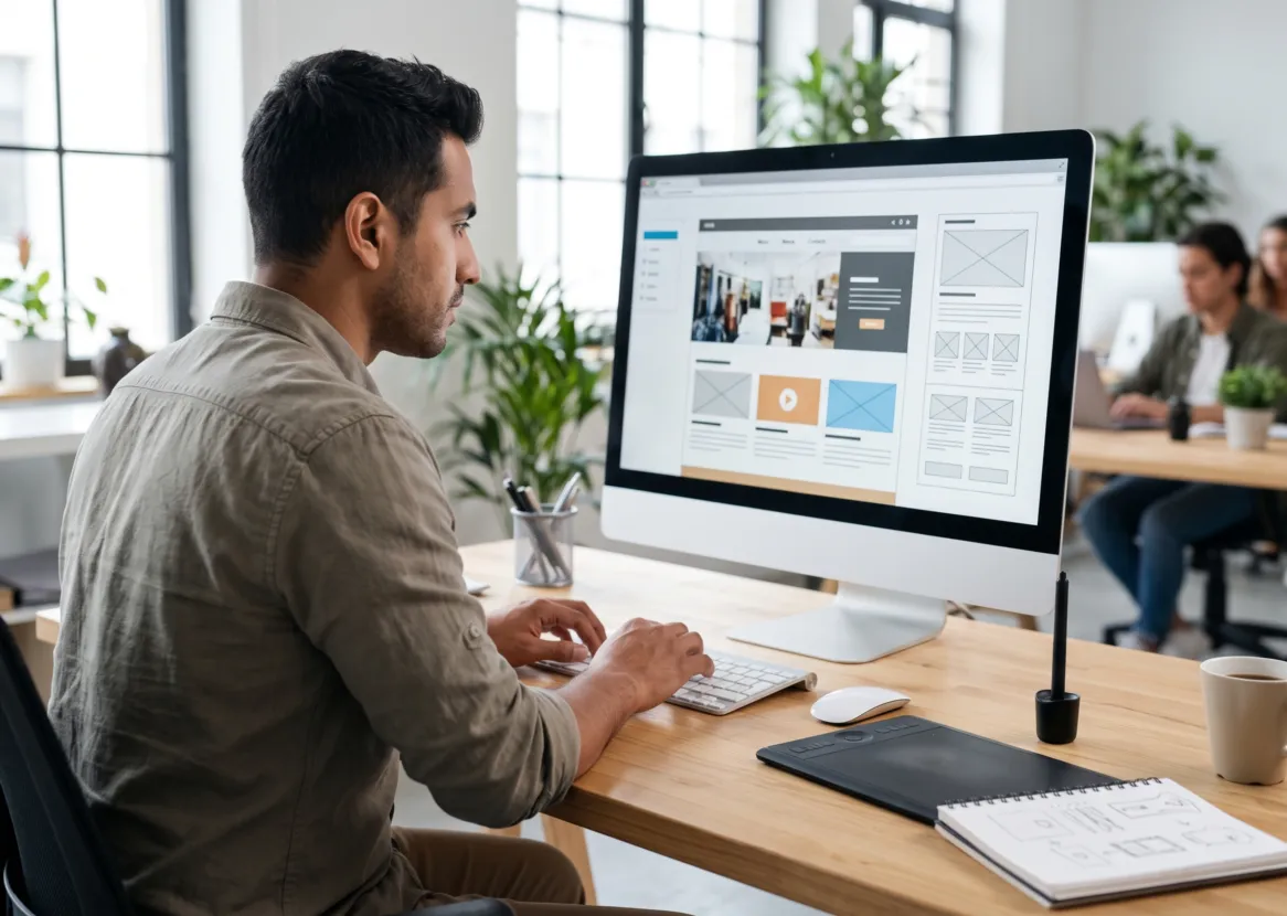 Diseñador trabaja en la maqueta de un sitio web en un monitor de escritorio (imagen referencial)