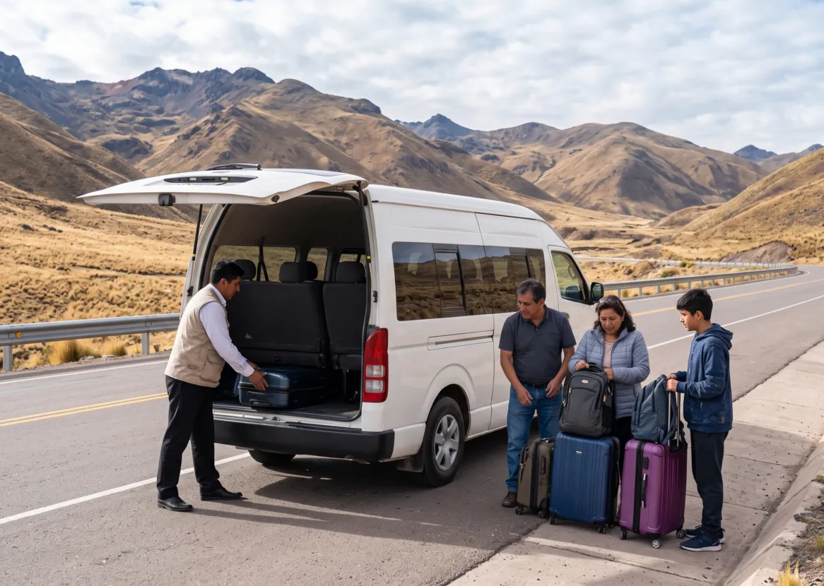Familia con maletas junto a una van blanca con el maletero abierto en una carretera de montaña (imagen referencial)