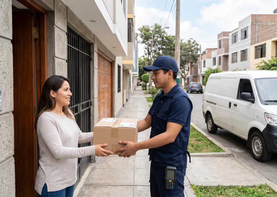 Repartidor uniformado entrega un paquete a una clienta en la puerta de su casa (imagen referencial)