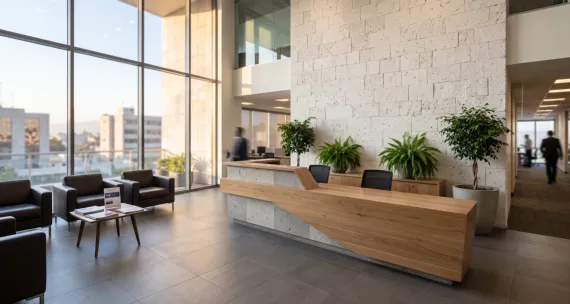 Recepción luminosa de una oficina corporativa con mostrador de piedra, plantas y ventanales (imagen referencial)