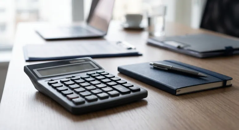 Calculadora y libreta sobre un escritorio de oficina ordenado, con una laptop al fondo (imagen referencial)