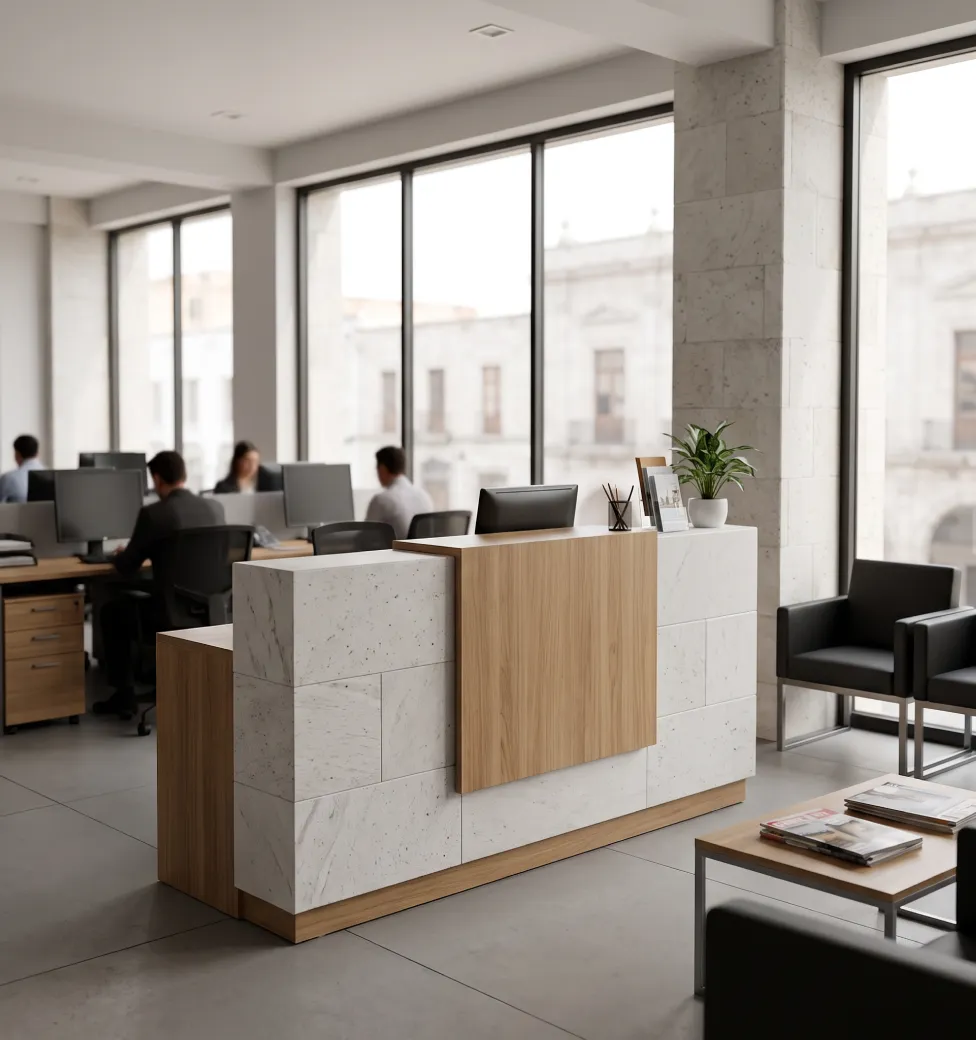Recepción de una oficina de atención con mostrador de piedra y personal trabajando al fondo (imagen referencial)